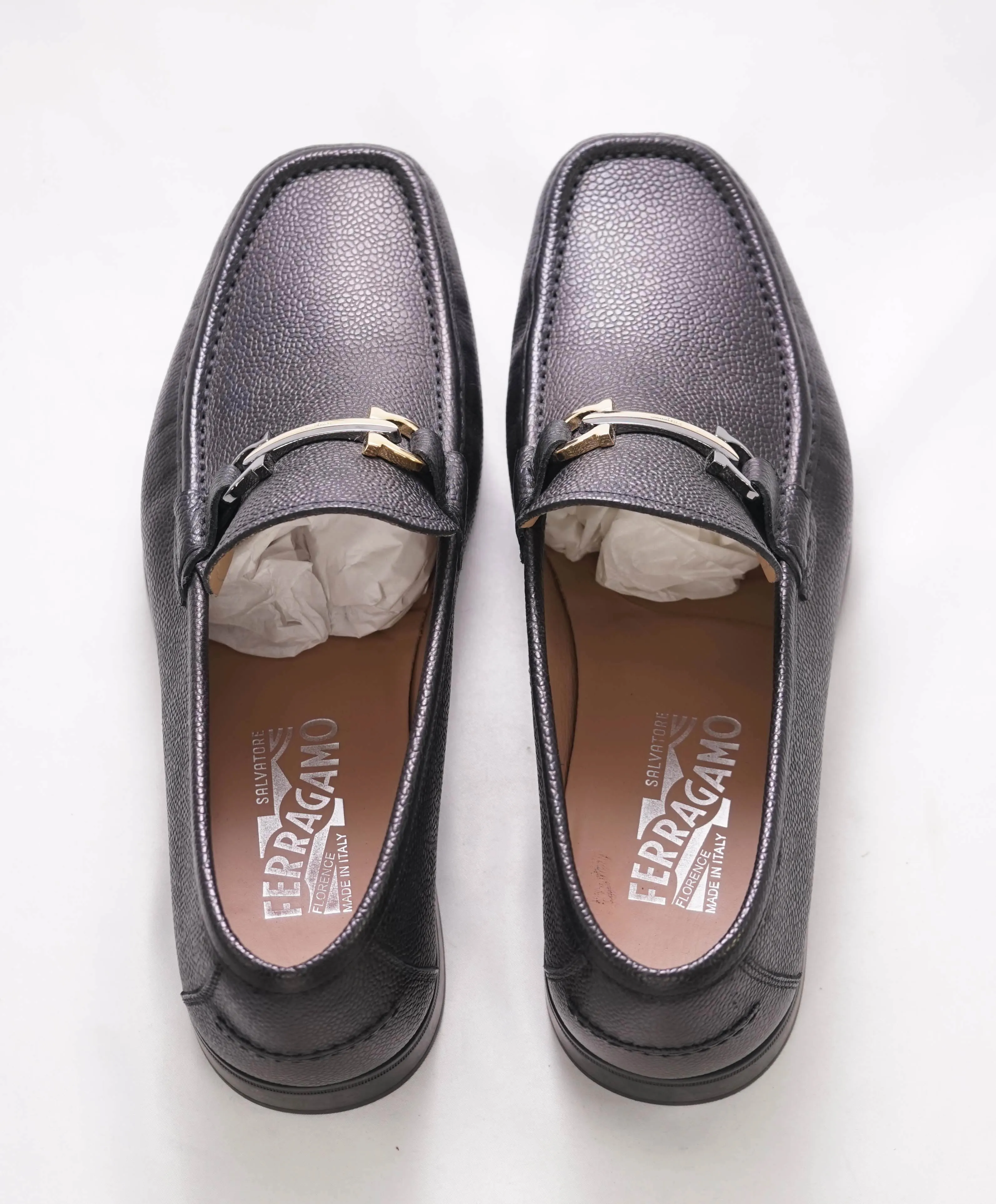 $850 SALVATORE FERRAGAMO - “MAURICE" Black Gld/Slvr Loafer - 8.5 US