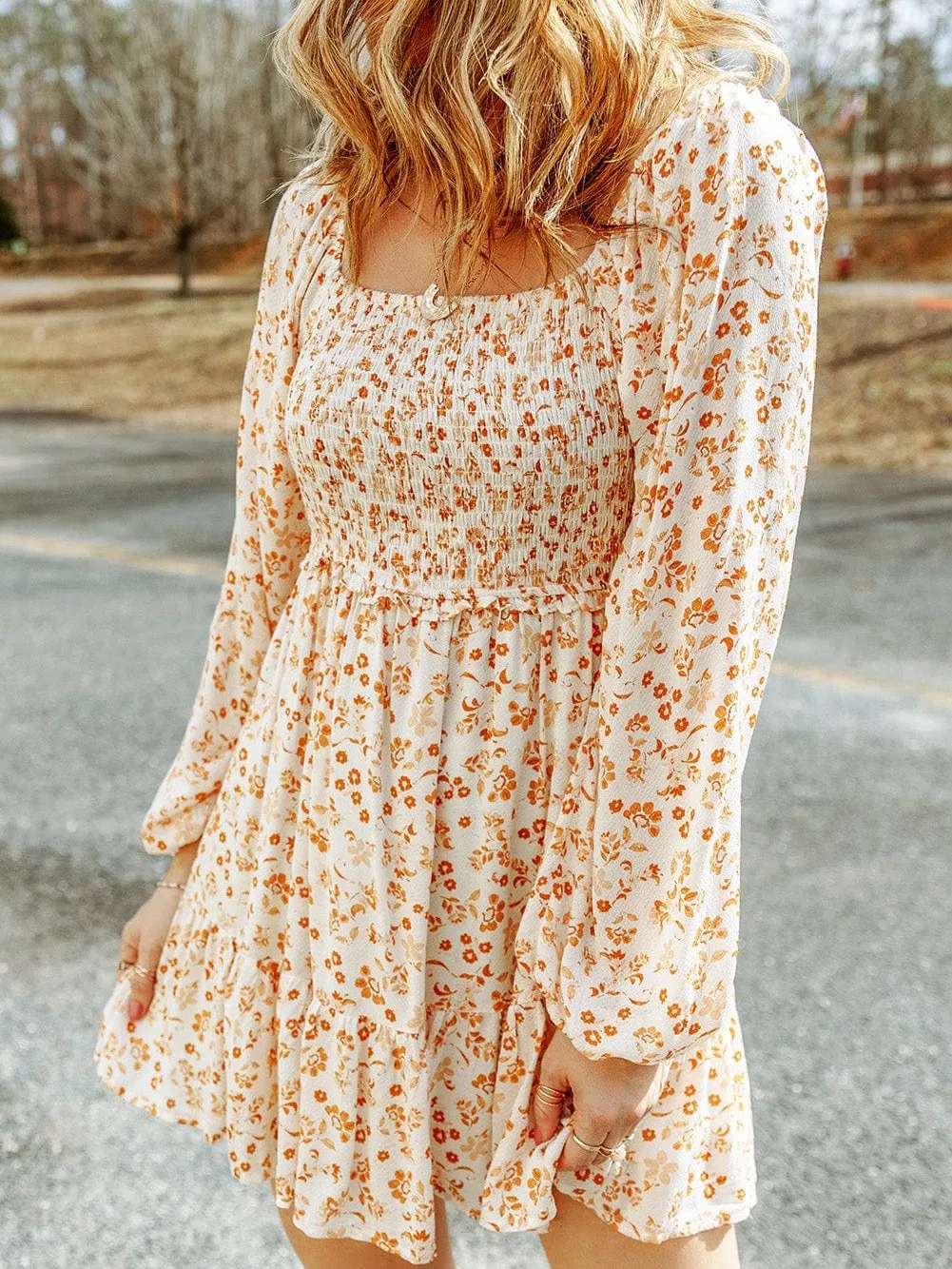 Apricot Square Neck Boho Smocked Puff Sleeve Mini Dress