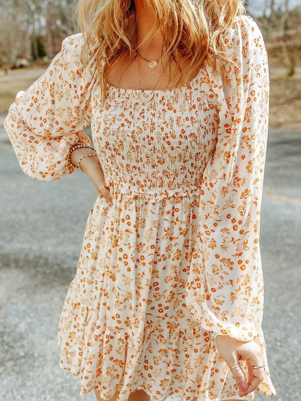 Apricot Square Neck Boho Smocked Puff Sleeve Mini Dress