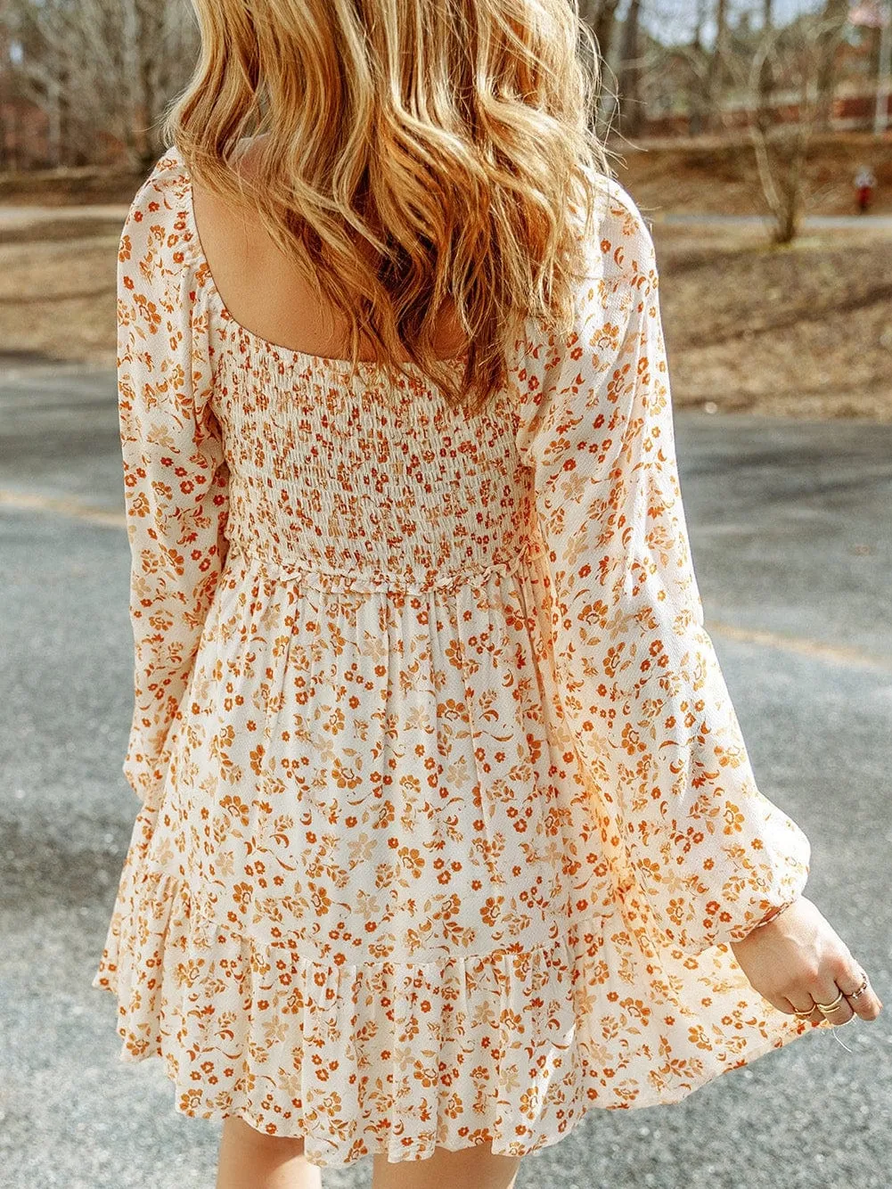 Apricot Square Neck Boho Smocked Puff Sleeve Mini Dress