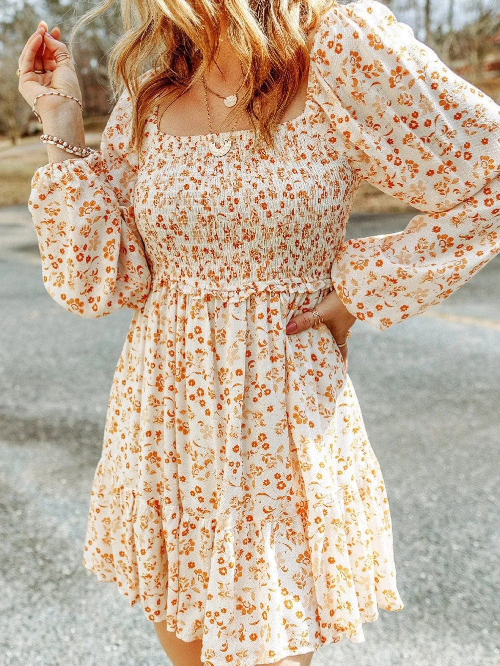 Apricot Square Neck Boho Smocked Puff Sleeve Mini Dress