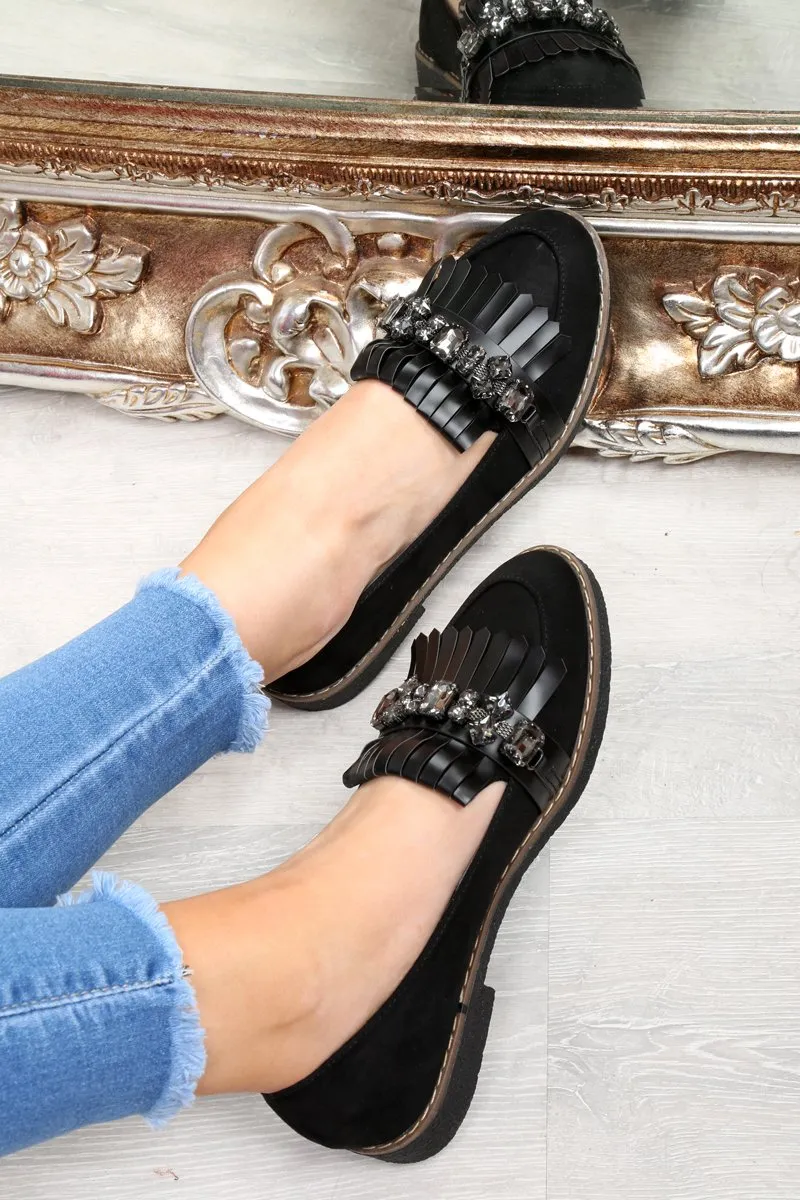 Black Faux Suede Embellished Front Flats - Jelisa