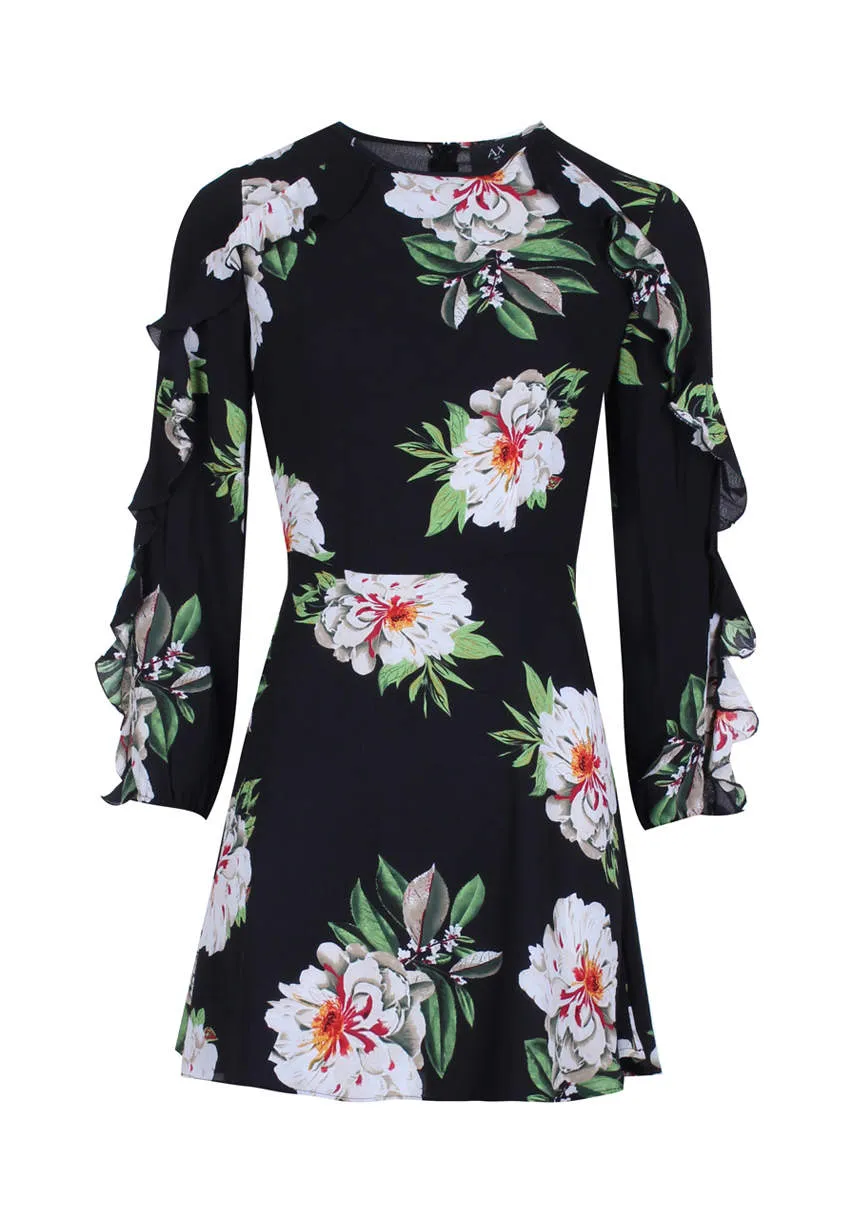 Black Floral Mini dress with Frill Trim