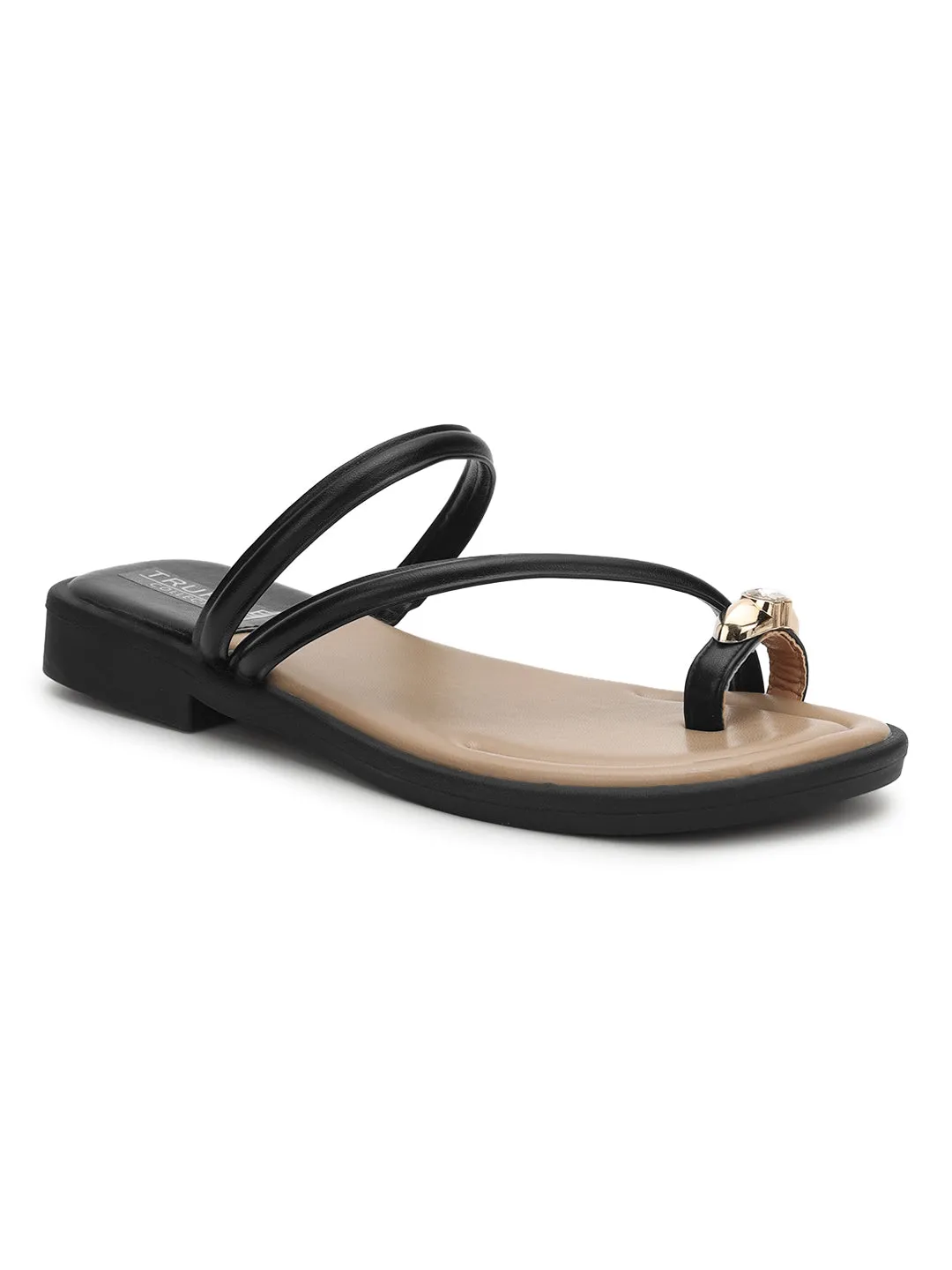 Black PU Diamond Toe Ring Slip-On Flats (TC-RS3595-BLK)