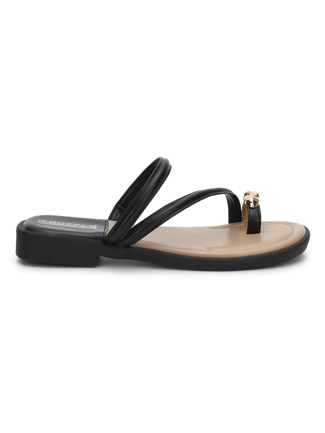 Black PU Diamond Toe Ring Slip-On Flats (TC-RS3595-BLK)