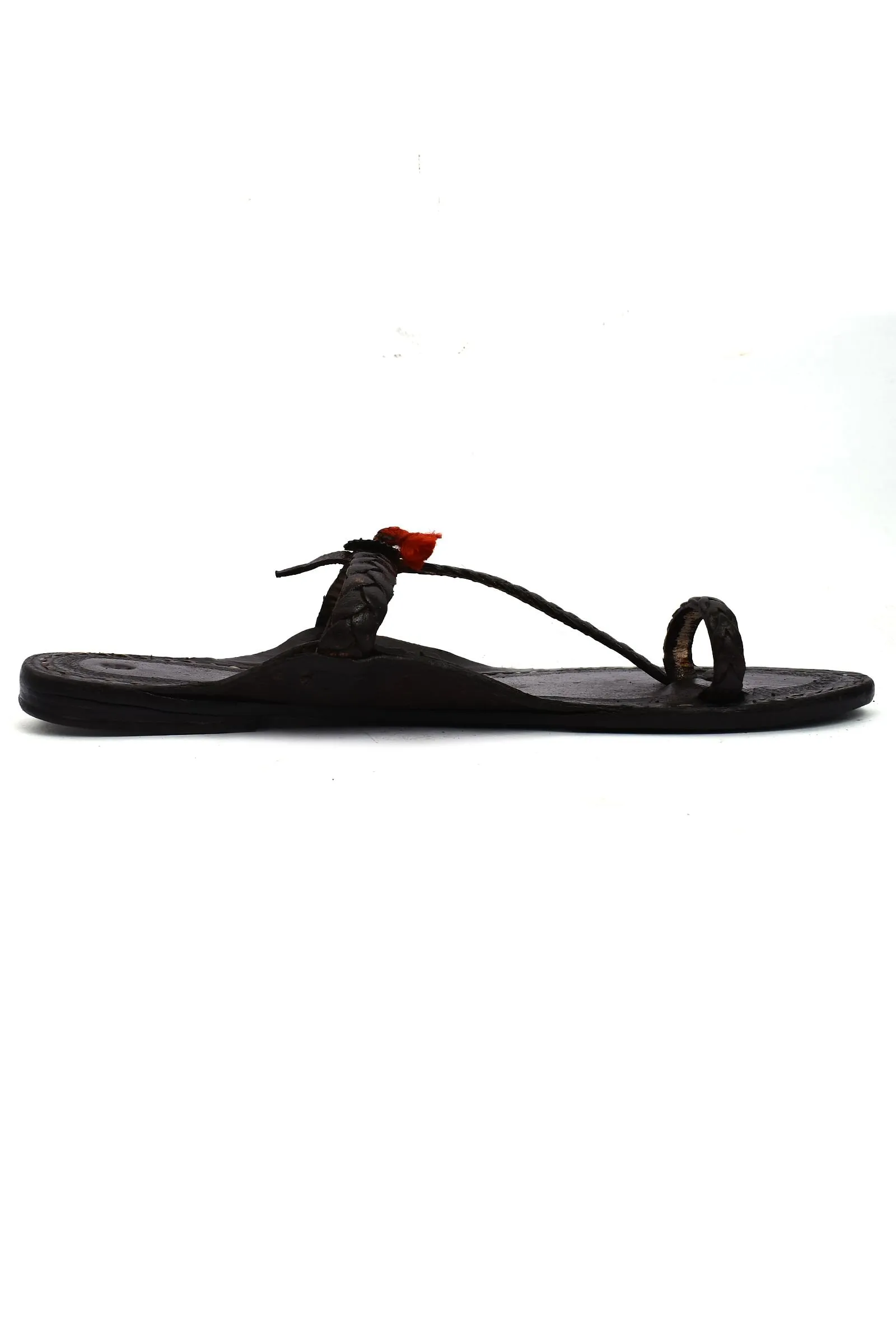 Black Pure Leather Kolhapuri Flats With Red Gonda