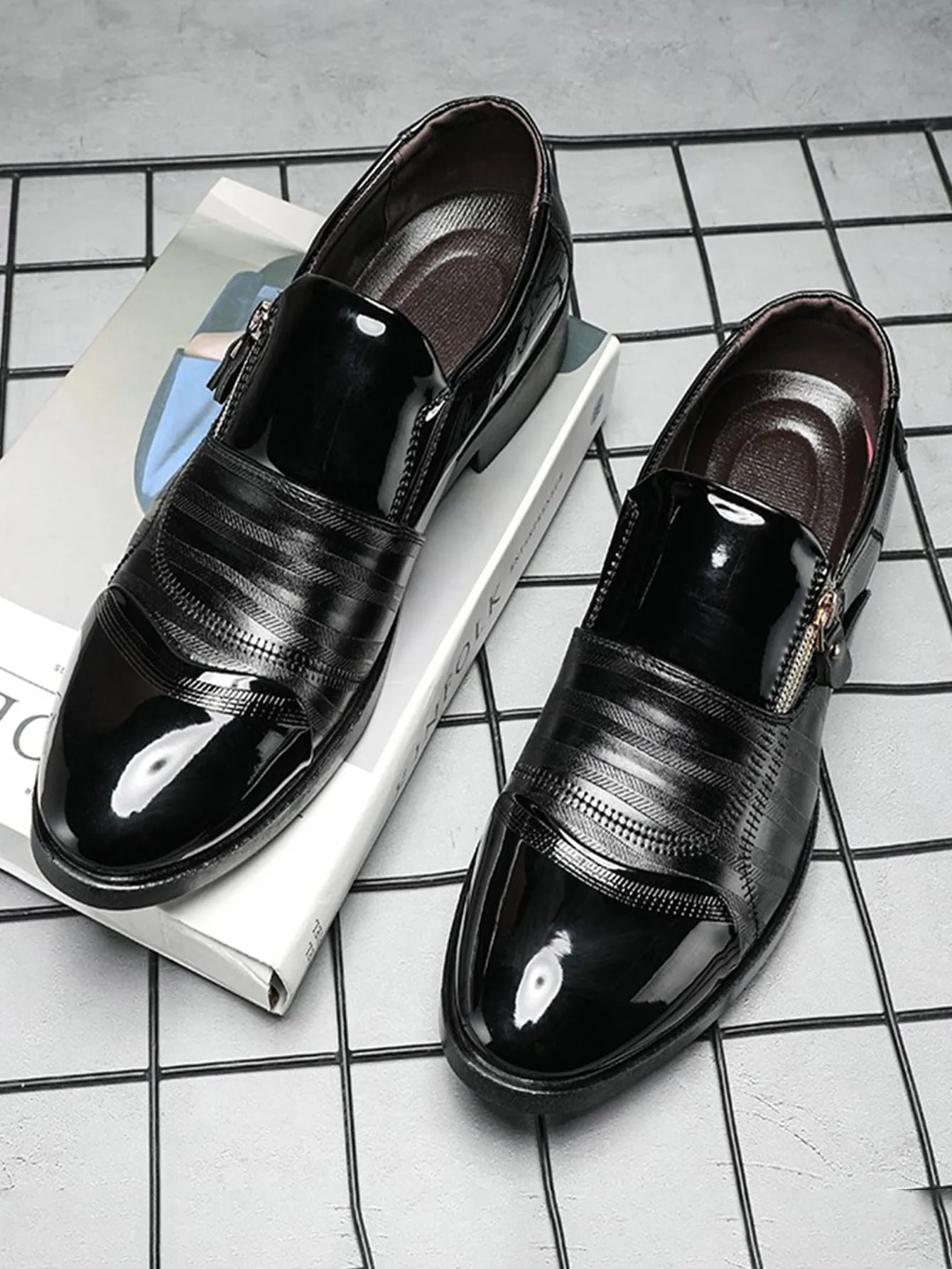 Black Round Toe Zipper Detail Penny Loafers