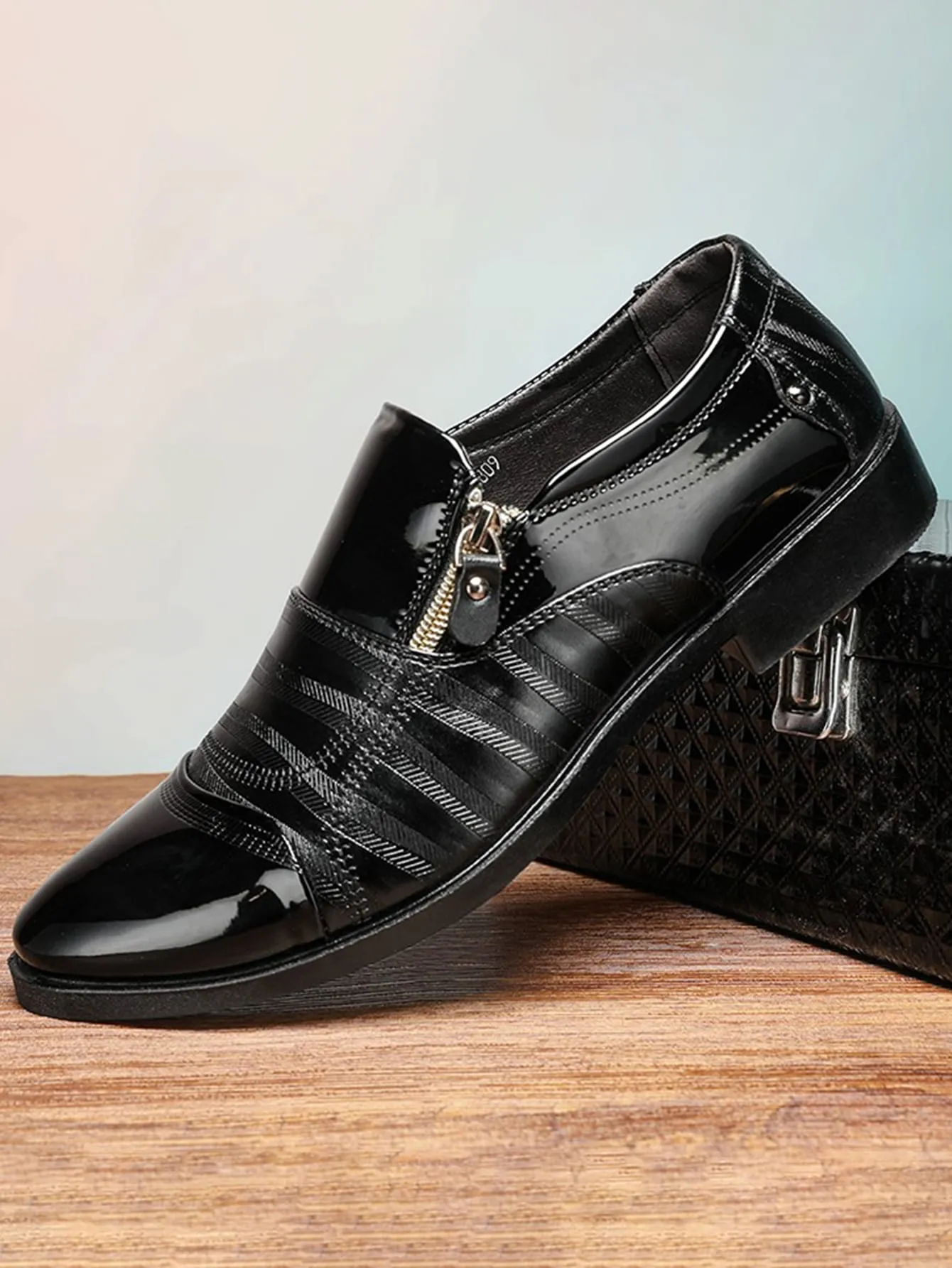 Black Round Toe Zipper Detail Penny Loafers