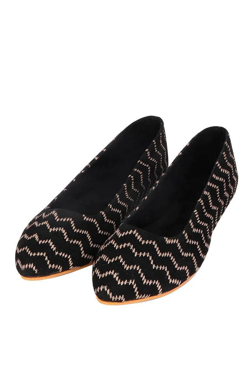 Black Suede Kantha Embroidery Ballerina Flats