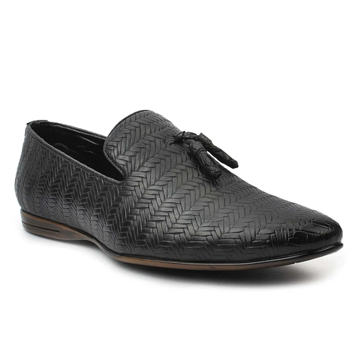 Black Textured Tassel Loafers