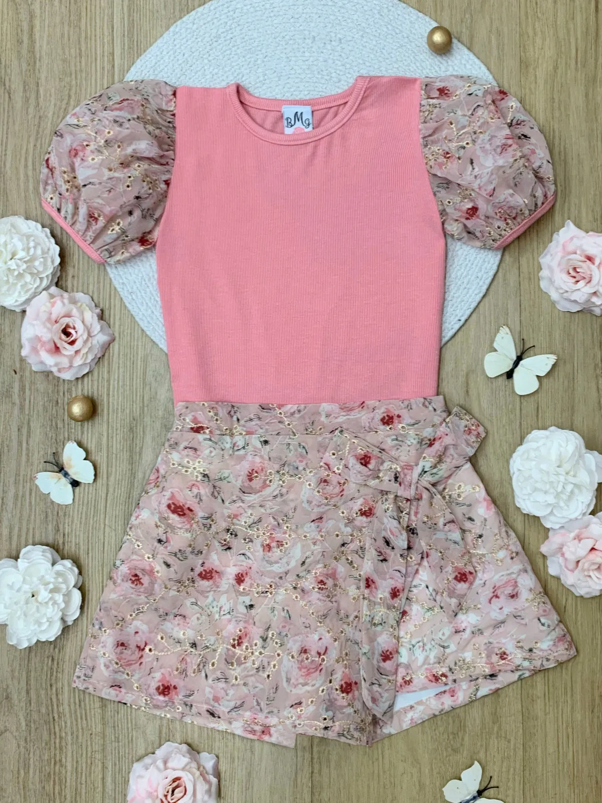 Blush Blossom Puff Sleeve Top and Eyelet Floral Skort Set