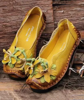 Boho Retro Splicing Flats Yellow Faux Leather Floral ML1040