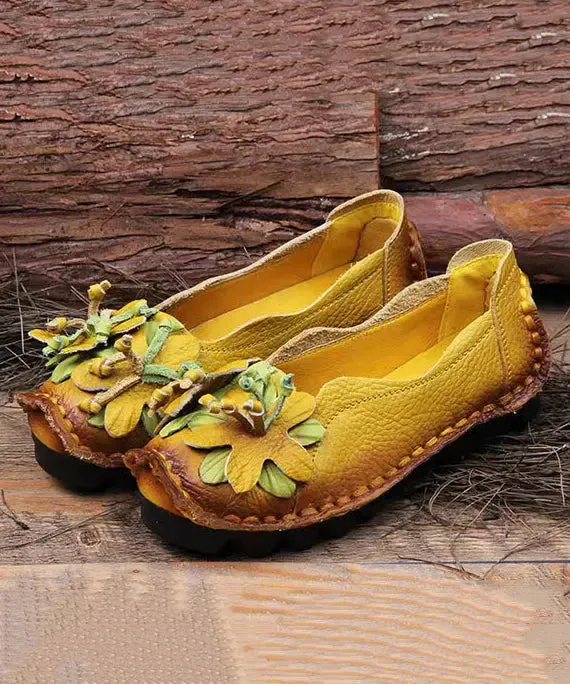 Boho Retro Splicing Flats Yellow Faux Leather Floral ML1040