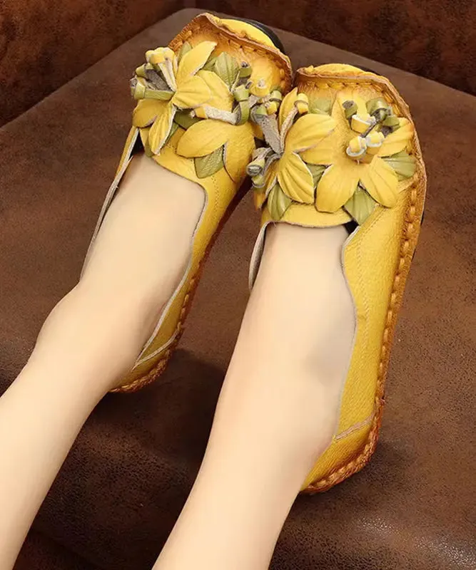 Boho Retro Splicing Flats Yellow Faux Leather Floral ML1040