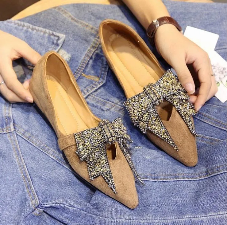 Bowknot Rhinestone Point Toe Flat Loafers