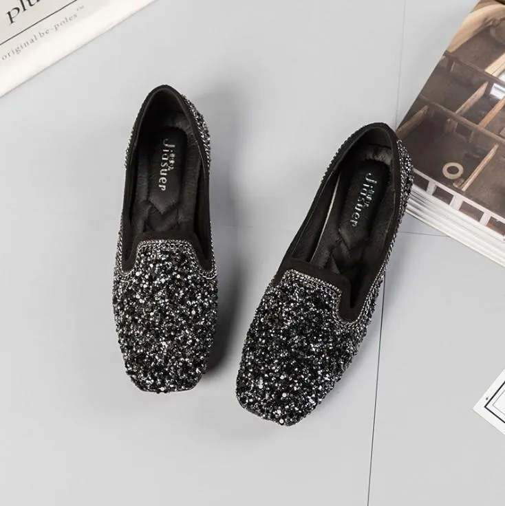 Bowknot Rhinestone Soft Flat Loafers