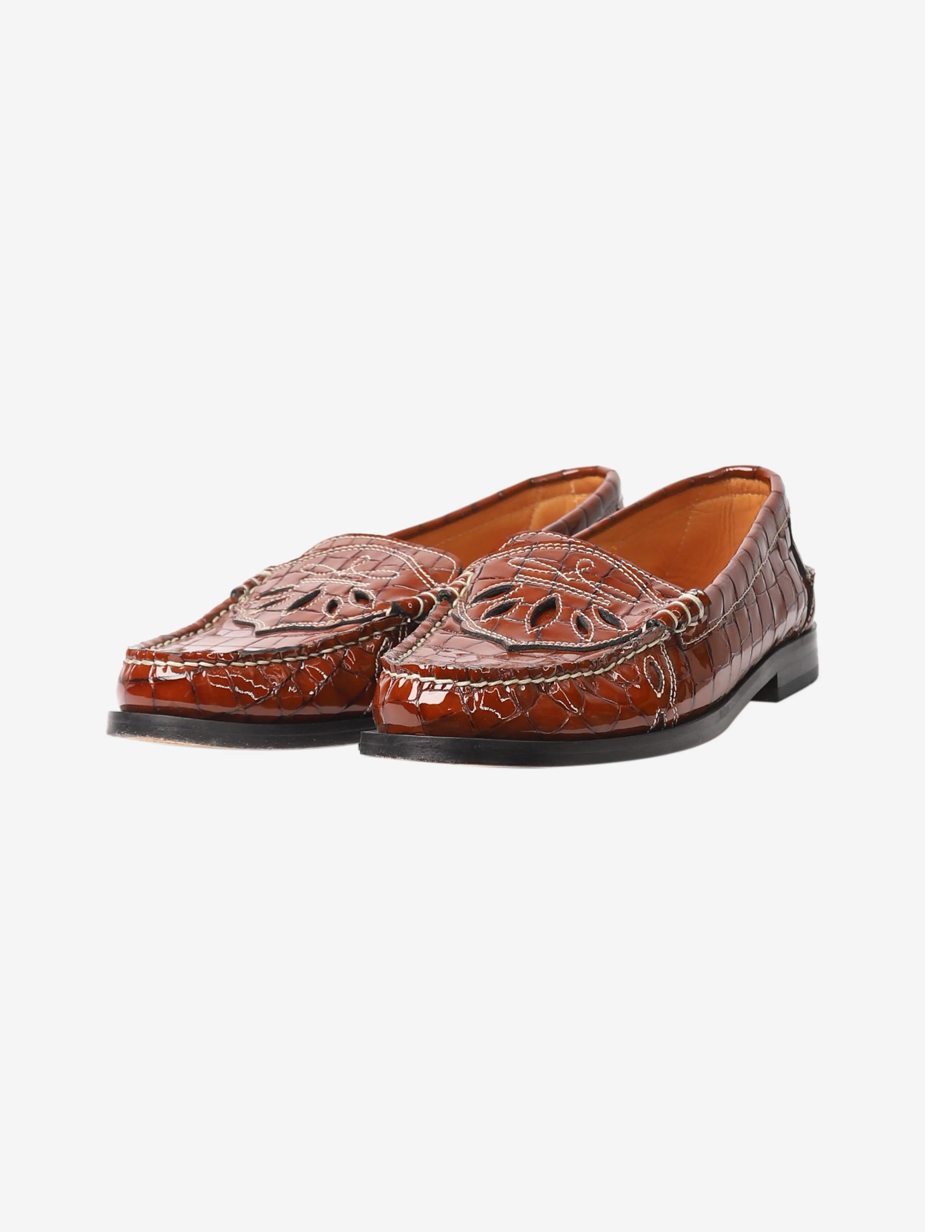 Brown croc-effect patent loafers - size EU 37