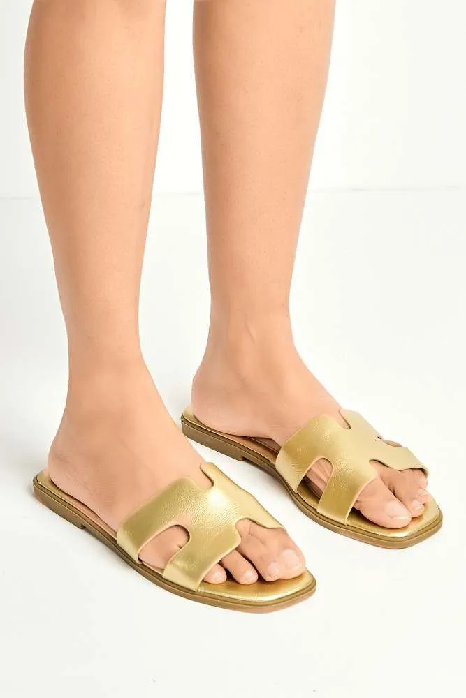 California Faux Leather Open Toe Flat Slider in Gold