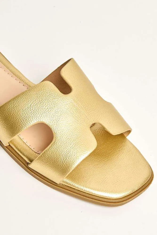 California Faux Leather Open Toe Flat Slider in Gold