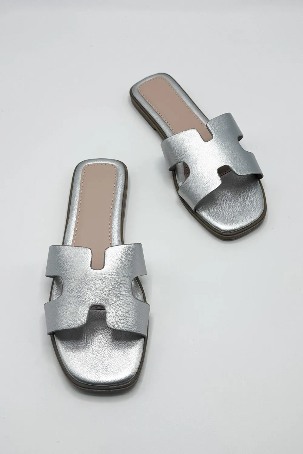 California Faux Leather Open Toe Flat Slider in Silver