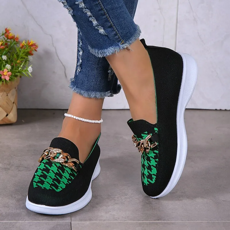 Chain Decor Orange Loafers Womens Shoes 2023 Autumn Breathable Knitted Casual Flat Shoes Woman Light Slip-On Walking Sneakers