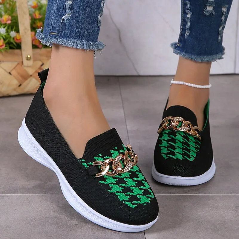 Chain Decor Orange Loafers Womens Shoes 2023 Autumn Breathable Knitted Casual Flat Shoes Woman Light Slip-On Walking Sneakers