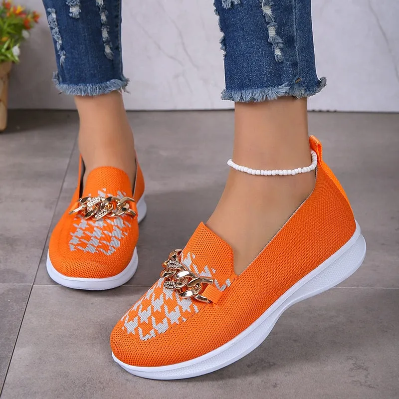 Chain Decor Orange Loafers Womens Shoes 2023 Autumn Breathable Knitted Casual Flat Shoes Woman Light Slip-On Walking Sneakers