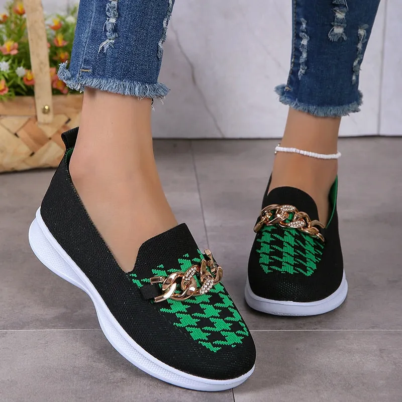 Chain Decor Orange Loafers Womens Shoes 2023 Autumn Breathable Knitted Casual Flat Shoes Woman Light Slip-On Walking Sneakers