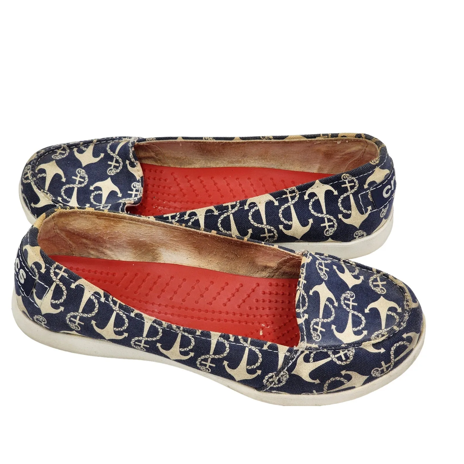 Crocs Boat Shoes Womens 8 Anchor Print Slip On Loafers Canvas Nautical Beachy