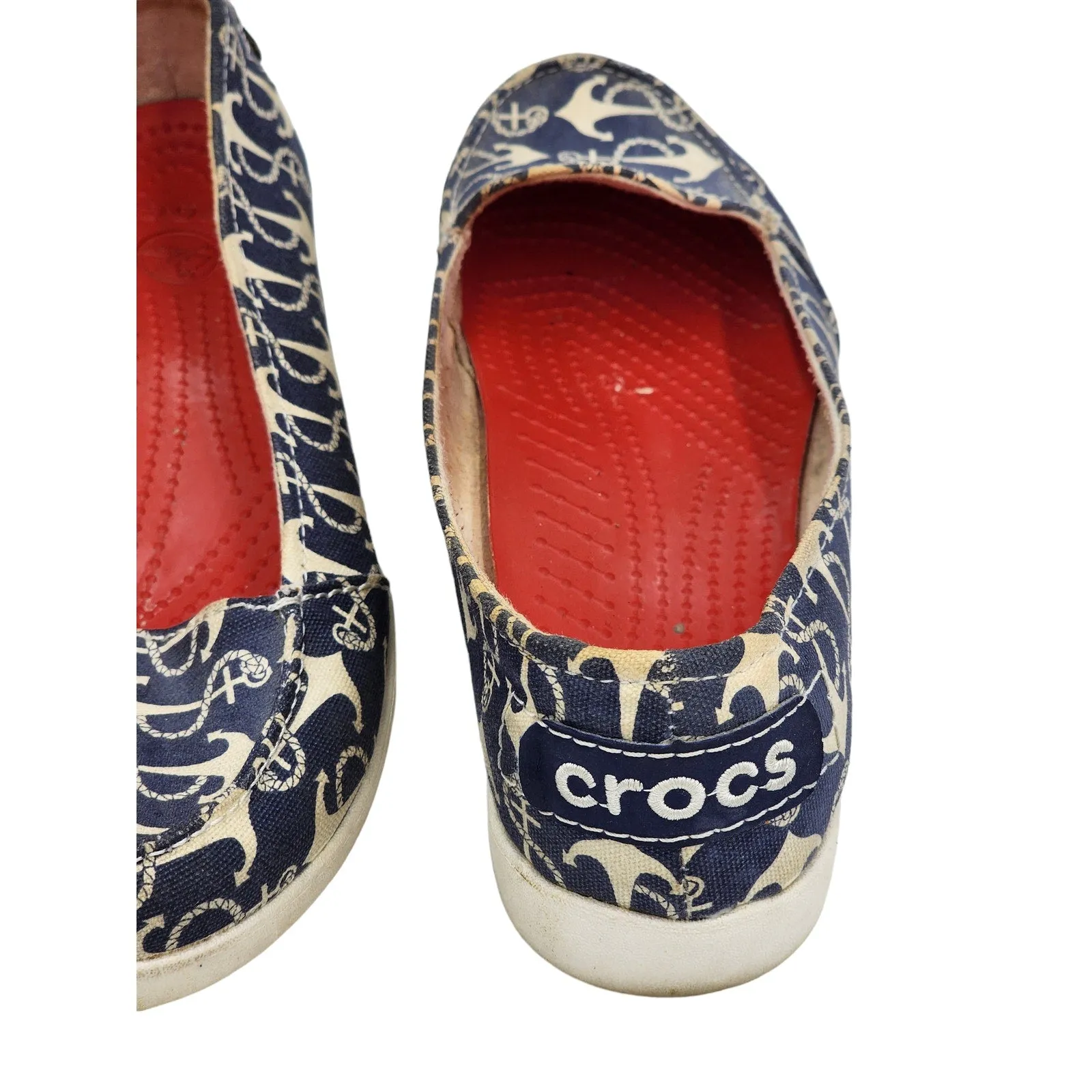 Crocs Boat Shoes Womens 8 Anchor Print Slip On Loafers Canvas Nautical Beachy