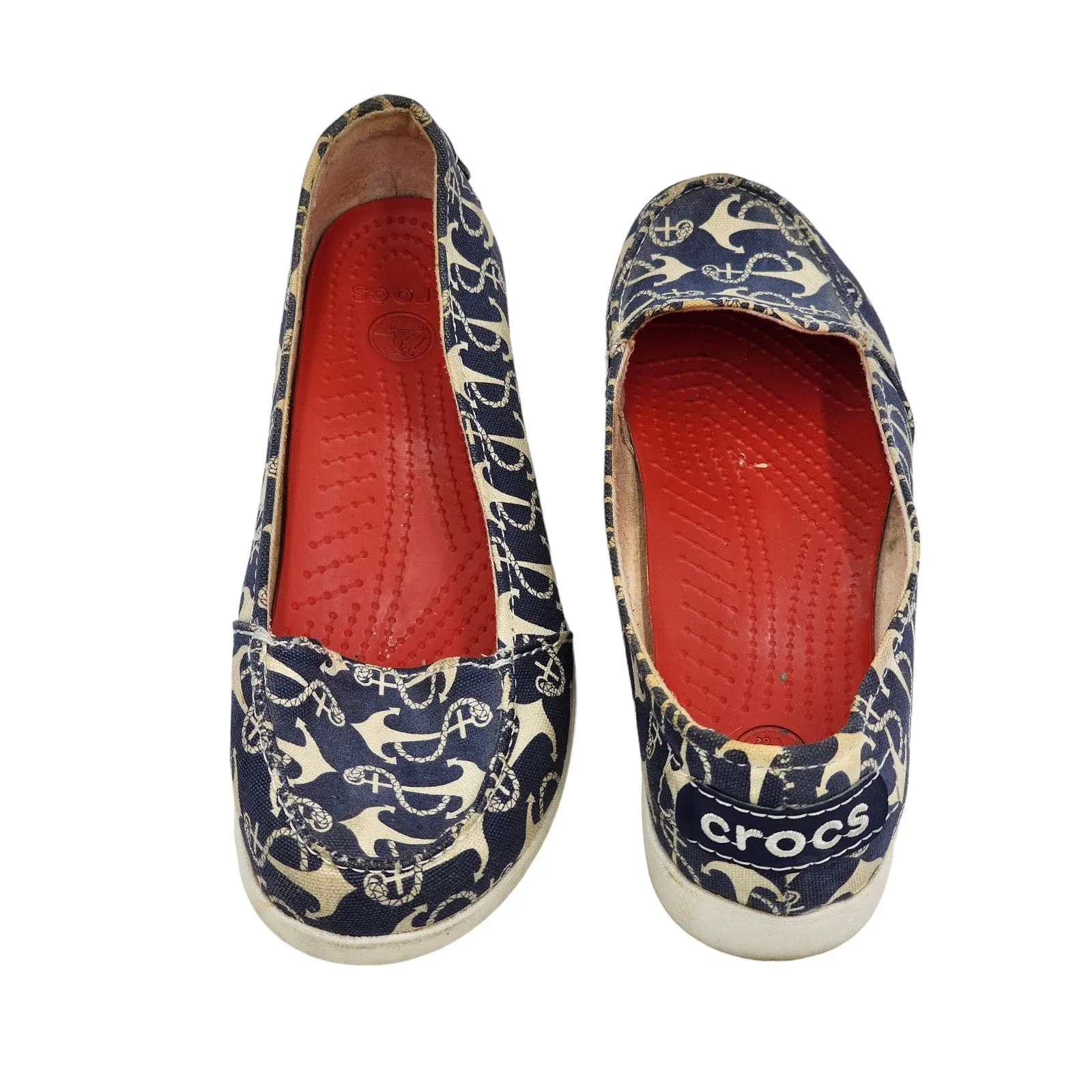 Crocs Boat Shoes Womens 8 Anchor Print Slip On Loafers Canvas Nautical Beachy