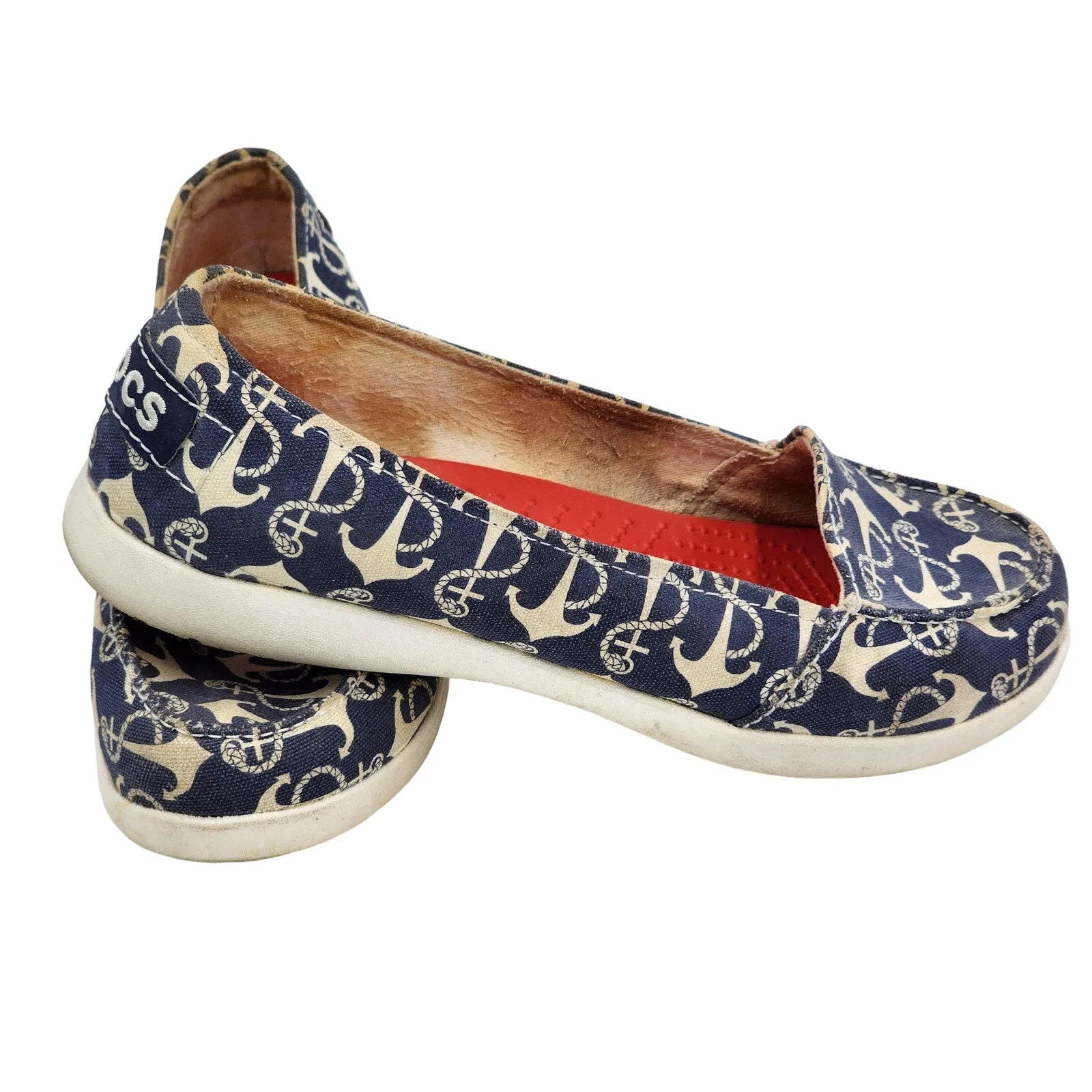 Crocs Boat Shoes Womens 8 Anchor Print Slip On Loafers Canvas Nautical Beachy