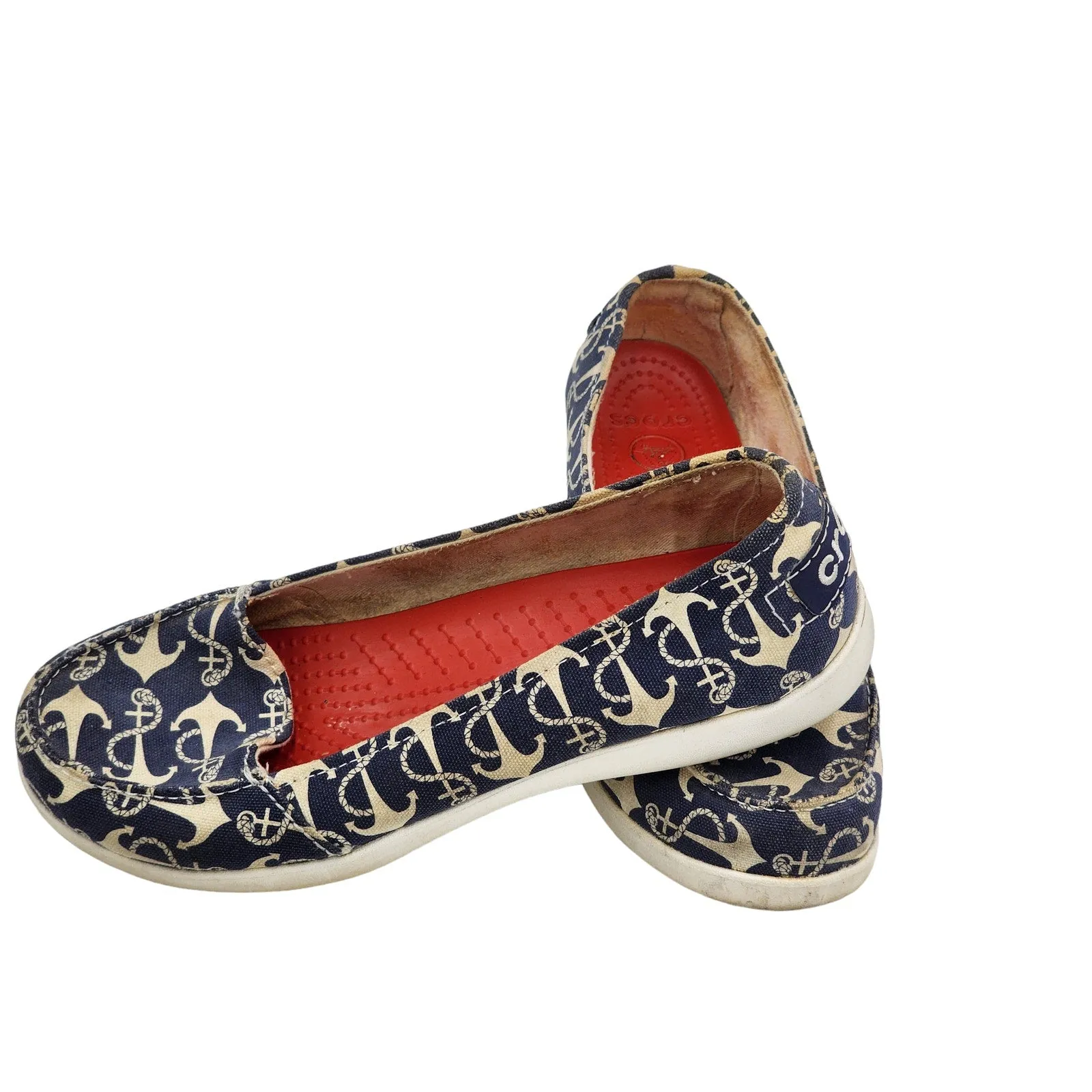 Crocs Boat Shoes Womens 8 Anchor Print Slip On Loafers Canvas Nautical Beachy