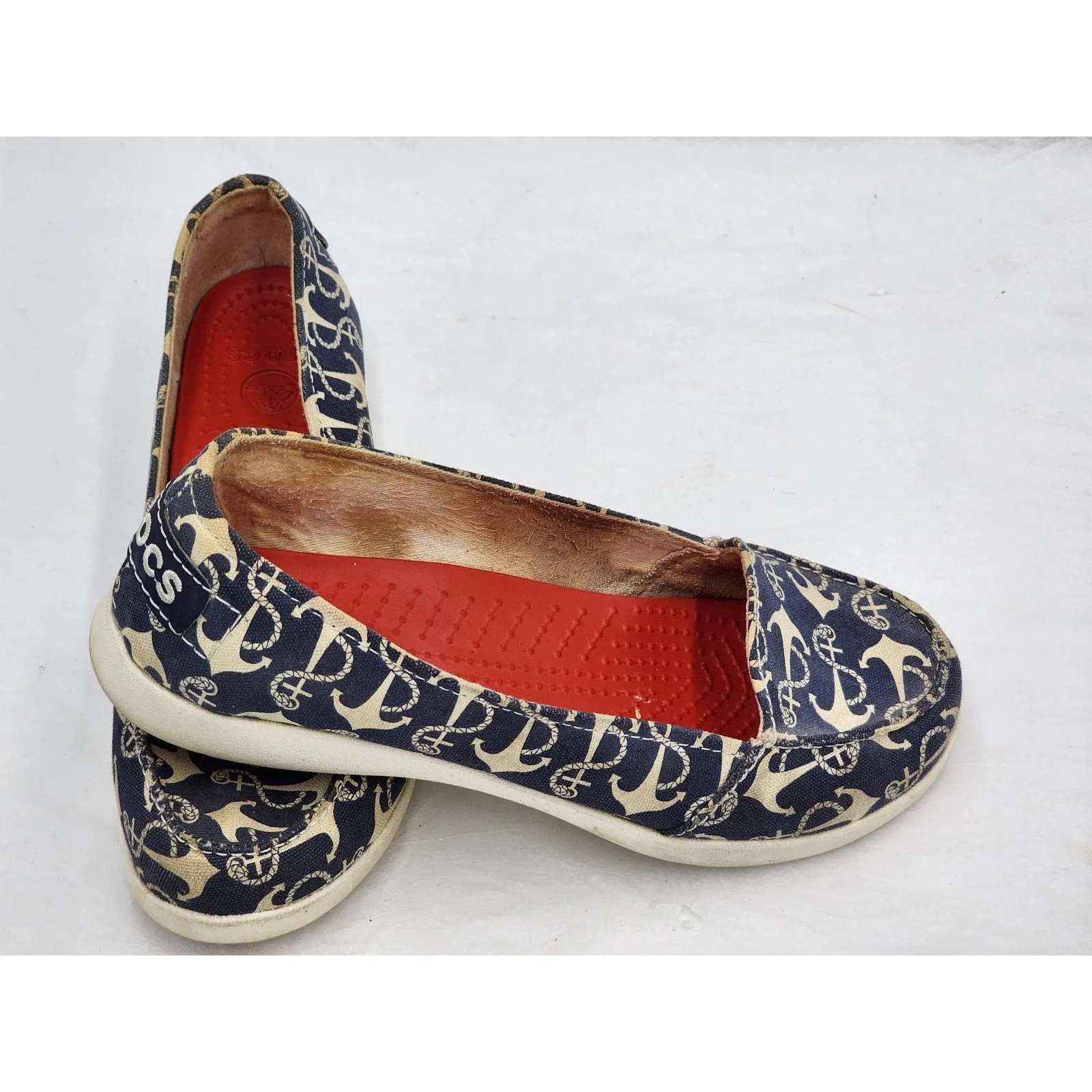 Crocs Boat Shoes Womens 8 Anchor Print Slip On Loafers Canvas Nautical Beachy