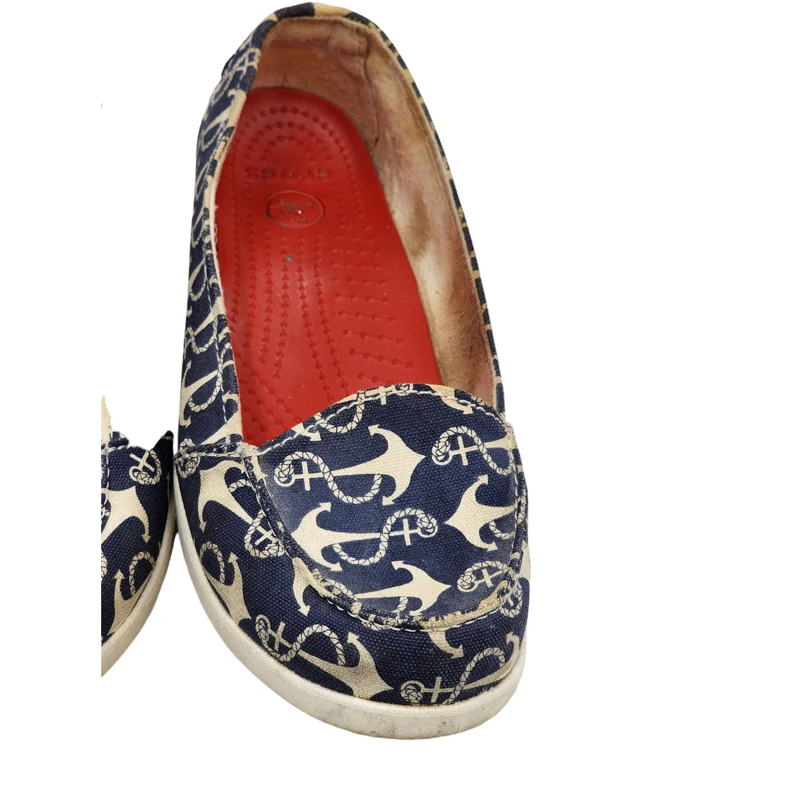 Crocs Boat Shoes Womens 8 Anchor Print Slip On Loafers Canvas Nautical Beachy