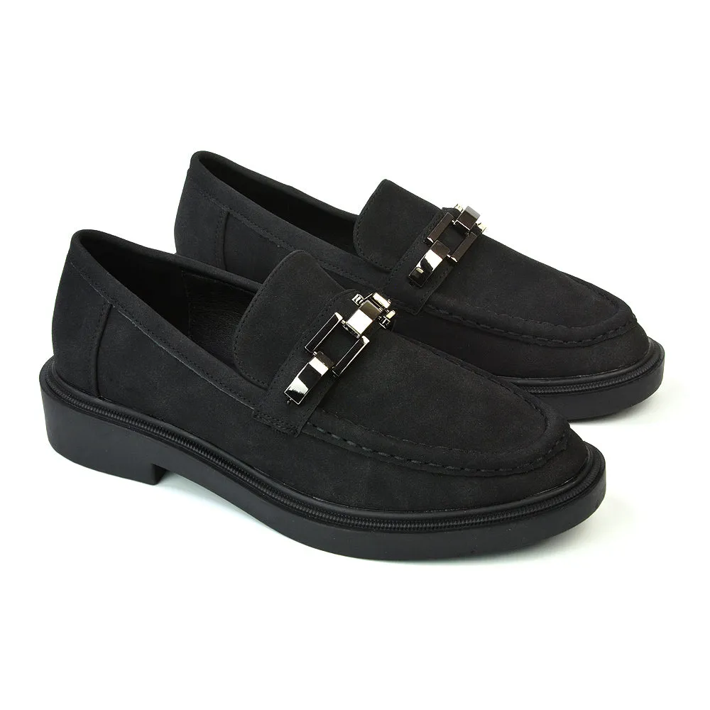 Dakoa Gold Chain Detail Back to School Shoes Chunky Loafers in Navy Faux Suede