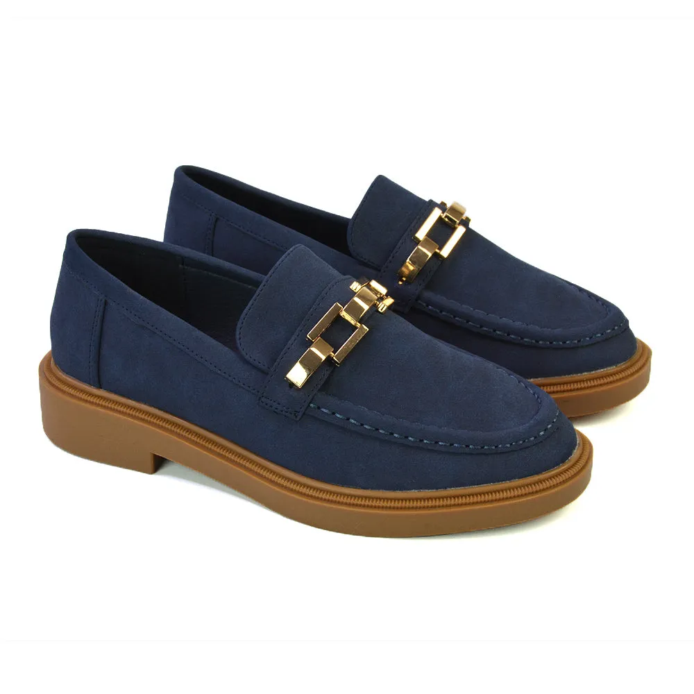 Dakoa Gold Chain Detail Back to School Shoes Chunky Loafers in Navy Faux Suede