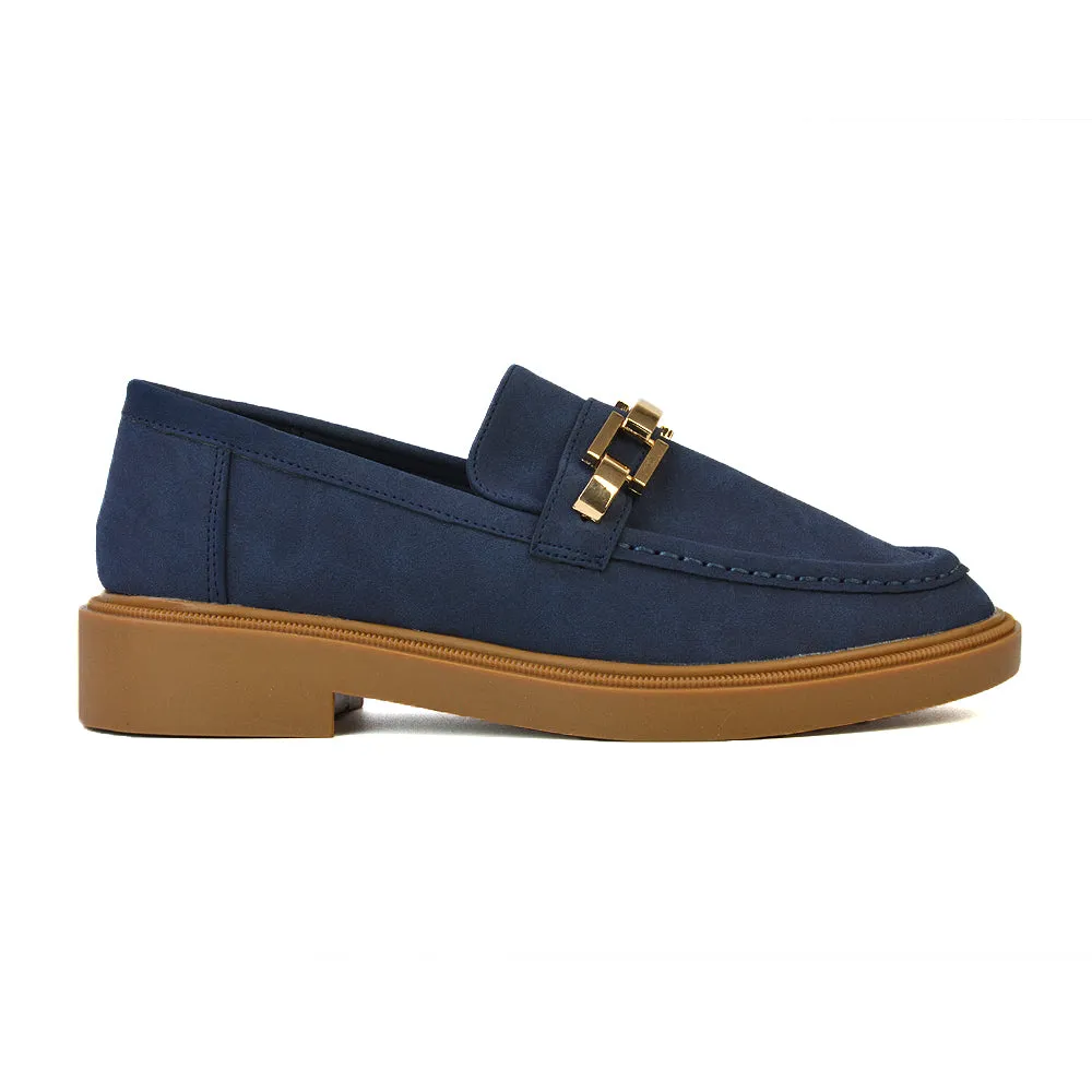 Dakoa Gold Chain Detail Back to School Shoes Chunky Loafers in Navy Faux Suede