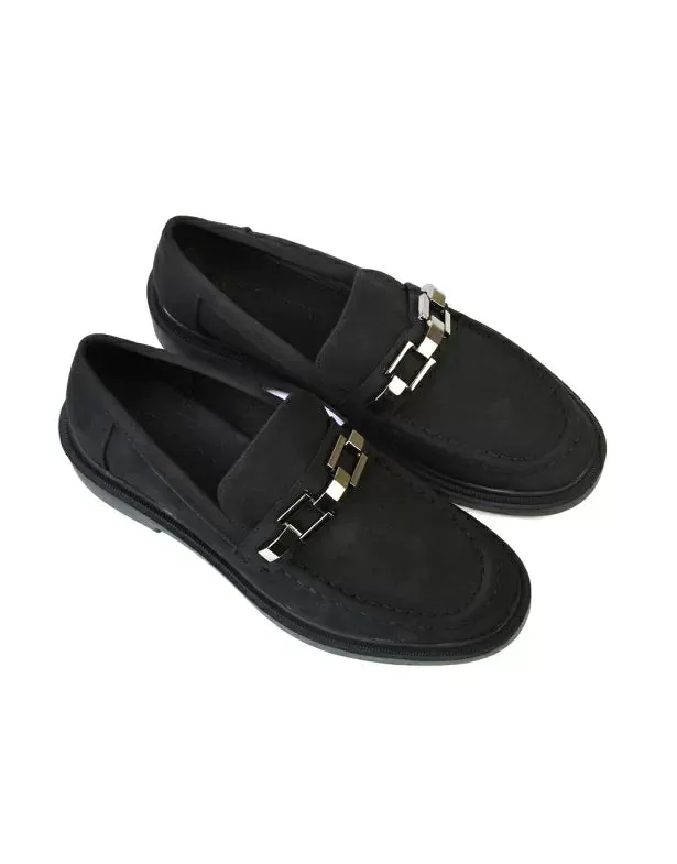 Dakoa Gold Chain Detail Back to School Shoes Chunky Loafers in Navy Faux Suede