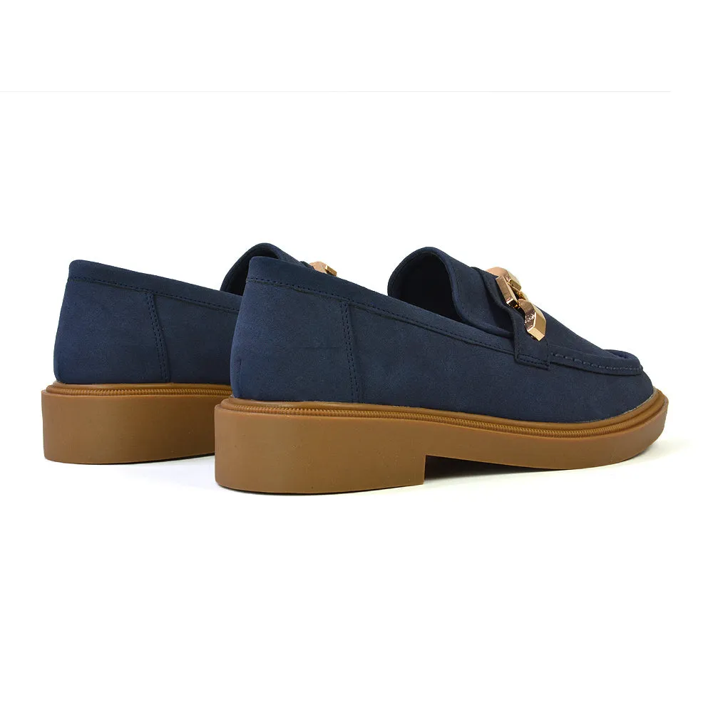 Dakoa Gold Chain Detail Back to School Shoes Chunky Loafers in Navy Faux Suede