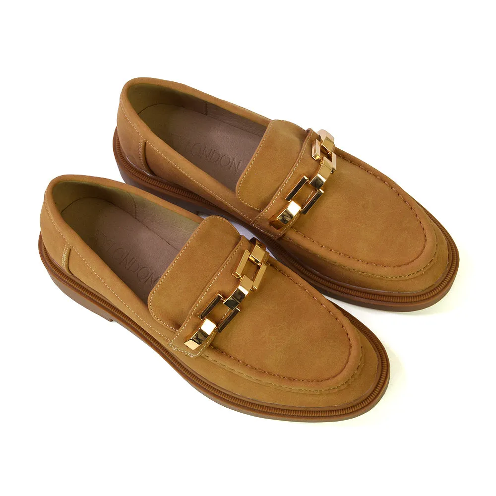 Dakoa Gold Chain Detail Back to School Shoes Chunky Loafers in Navy Faux Suede