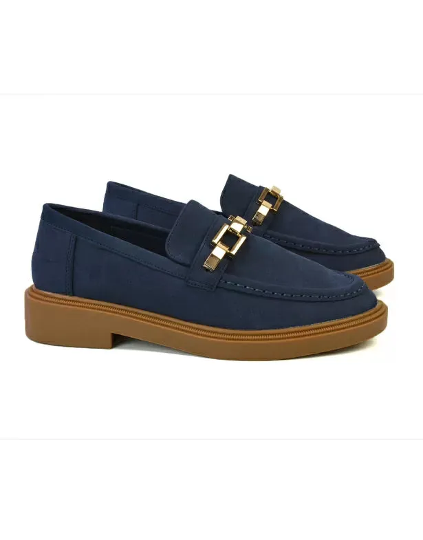 Dakoa Gold Chain Detail Back to School Shoes Chunky Loafers in Navy Faux Suede