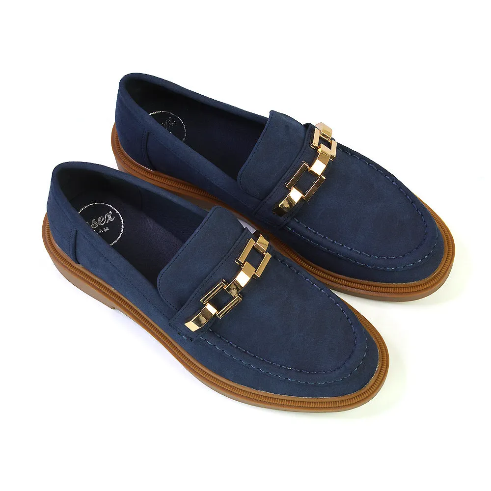 Dakoa Gold Chain Detail Back to School Shoes Chunky Loafers in Navy Faux Suede