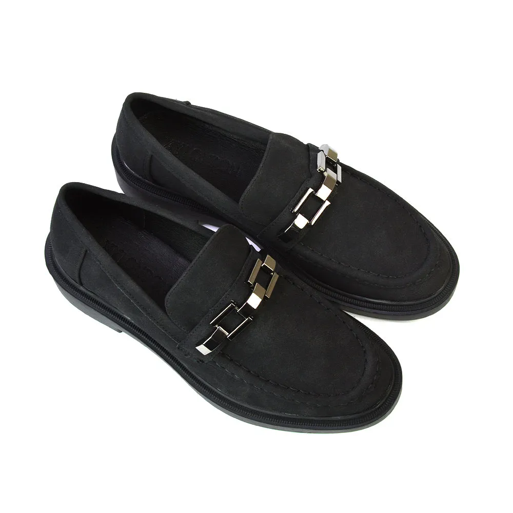 Dakoa Gold Chain Detail Back to School Shoes Chunky Loafers in Navy Faux Suede