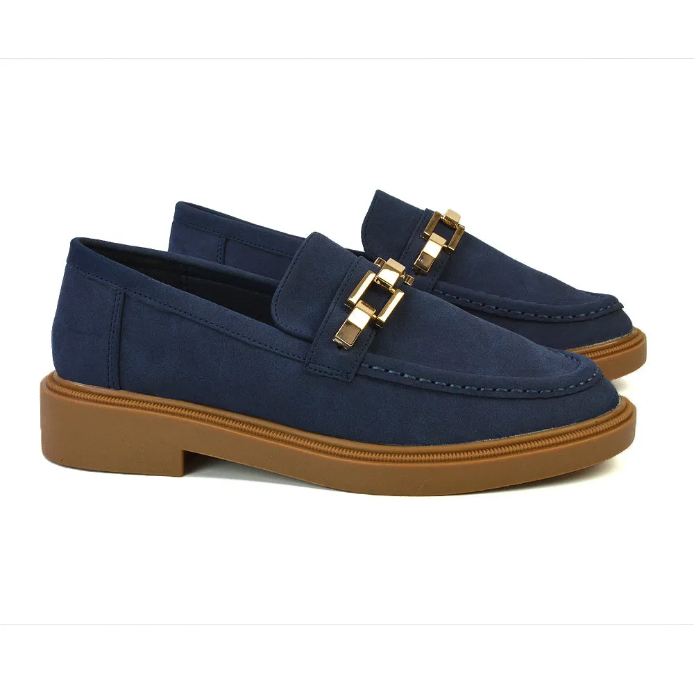 Dakoa Gold Chain Detail Back to School Shoes Chunky Loafers in Navy Faux Suede