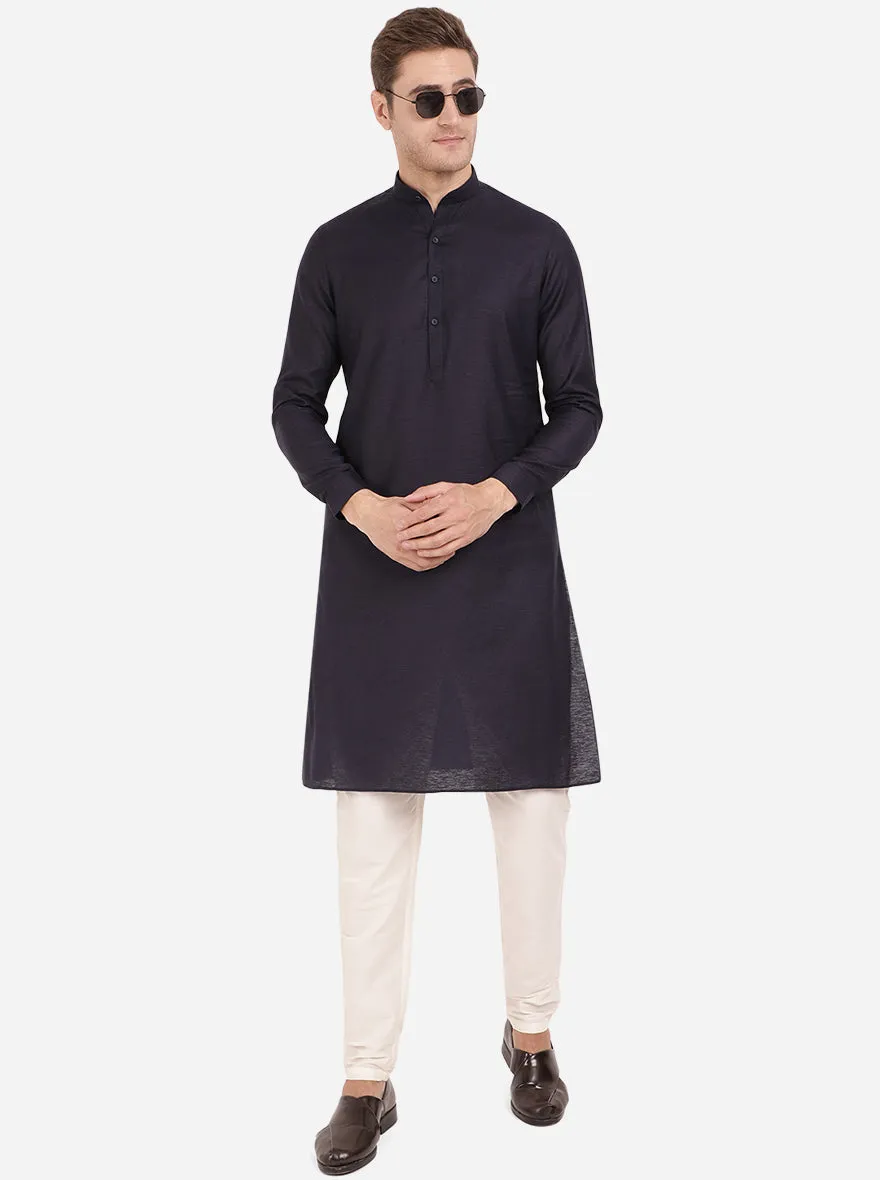 Denim Blue Self Textured Regular Fit Modi Kurta | JadeBlue