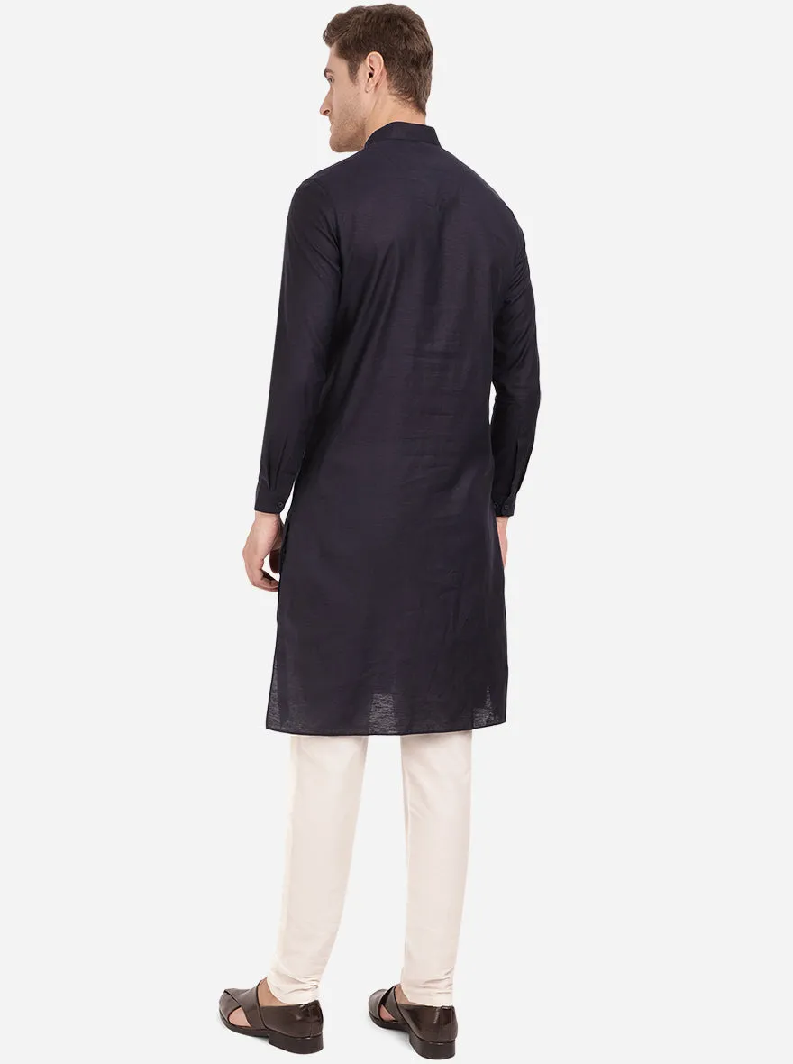 Denim Blue Self Textured Regular Fit Modi Kurta | JadeBlue