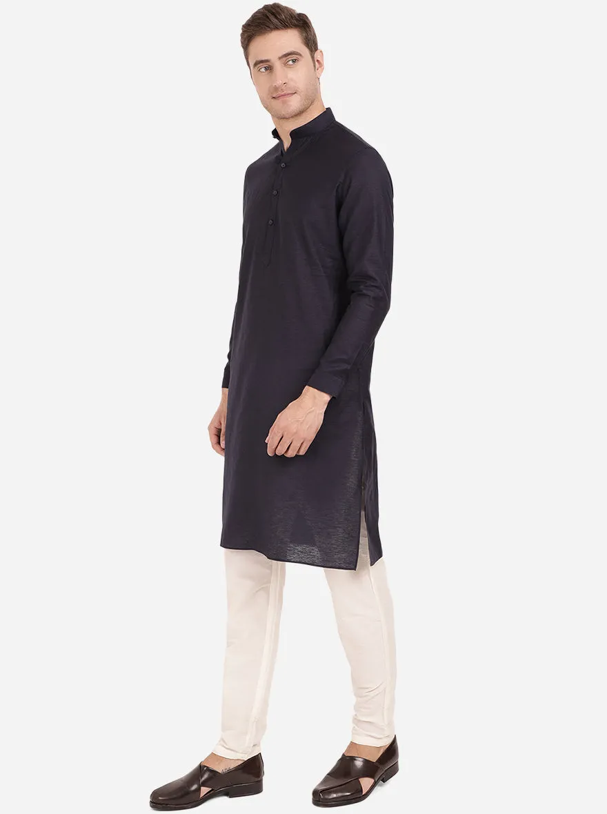 Denim Blue Self Textured Regular Fit Modi Kurta | JadeBlue