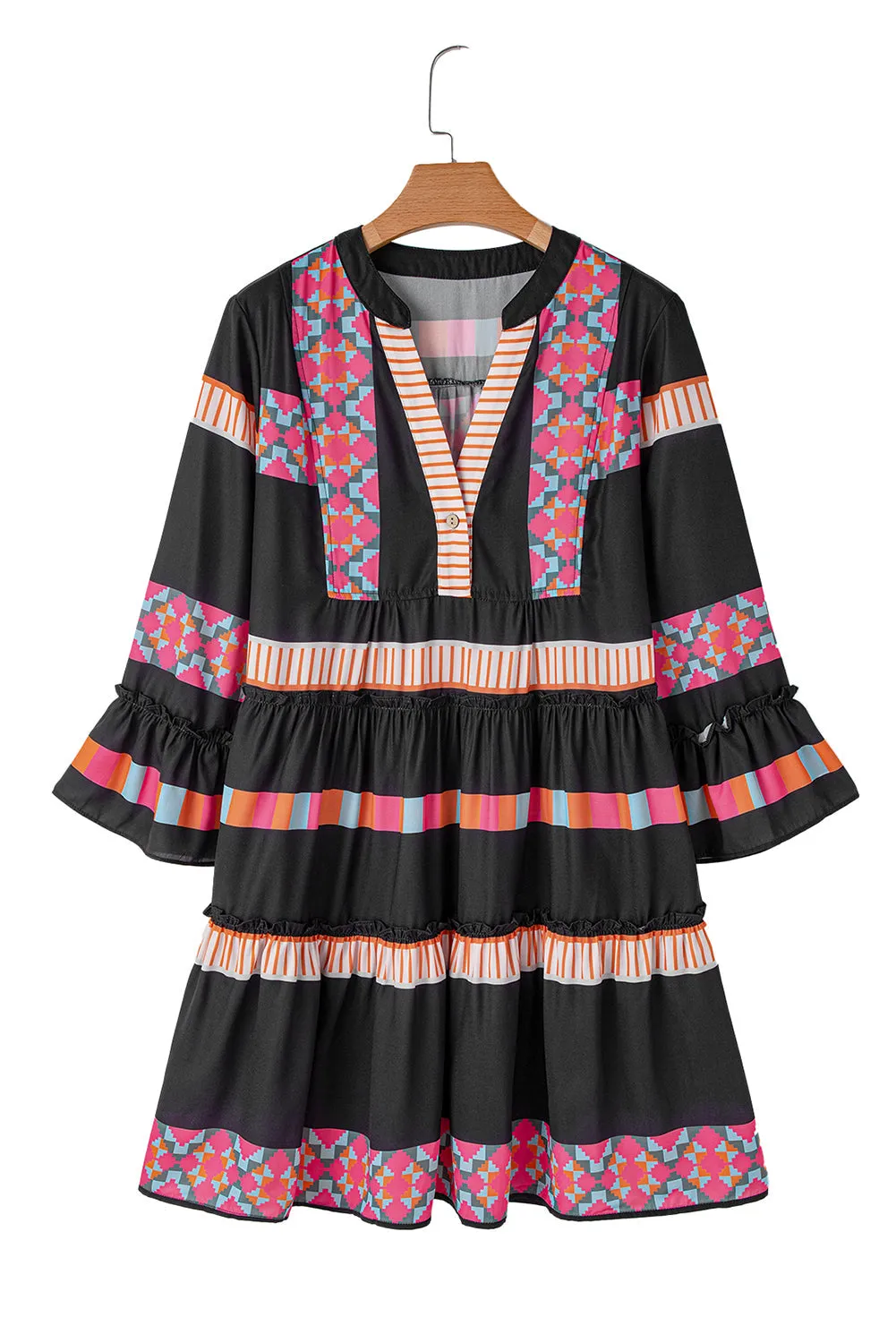 Ethnic Print Buttoned V Neck Bell Sleeve Ruffle Patchwork Dress