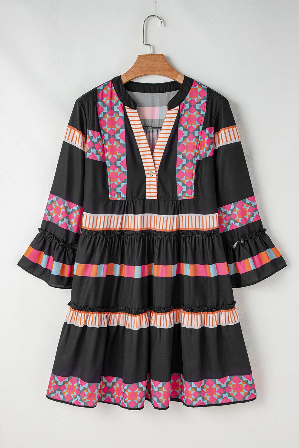 Ethnic Print Buttoned V Neck Bell Sleeve Ruffle Patchwork Dress